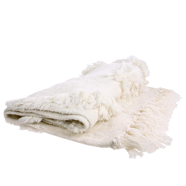 fluffy white hanmade hkliving throw or blanket with tassels and cross hatch design