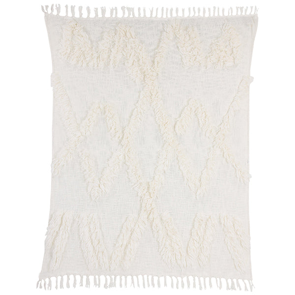 full image of the cross hatch design on a white cotton hkliving throw with the deign created in short tassel bits