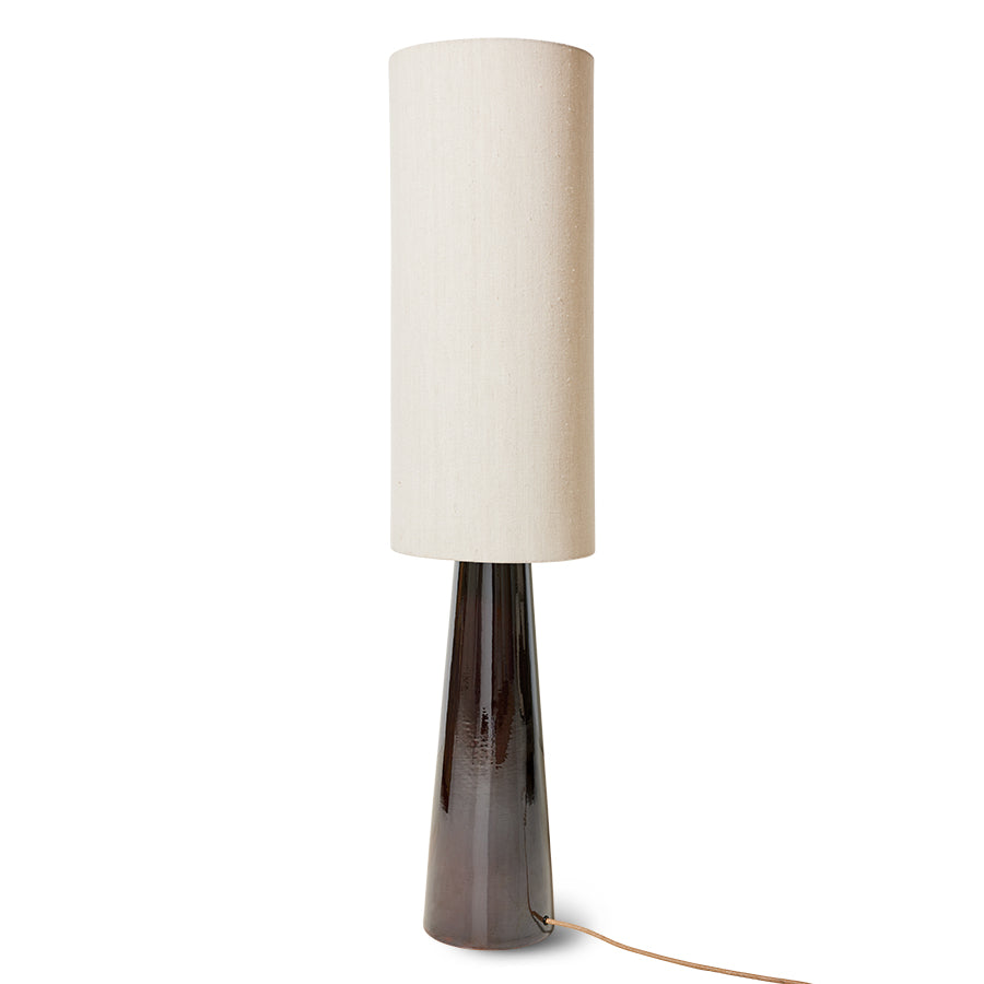 tall floor lamp in the style of a table lamp with a sleek brown base and tactile textured beige lam shade in the style of deisgn house hkliving