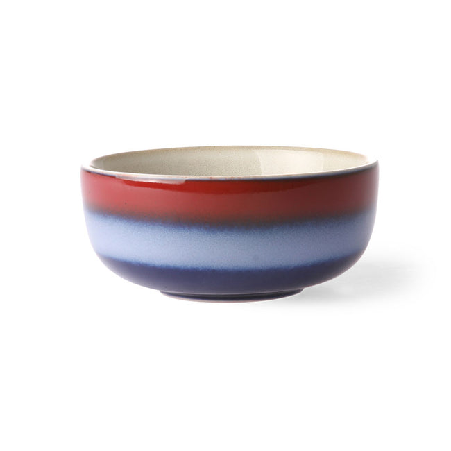 bowl with stripe of red, lightt blue, and dark blue and a ight beige on the inside and a good shiny glaze form hkliving