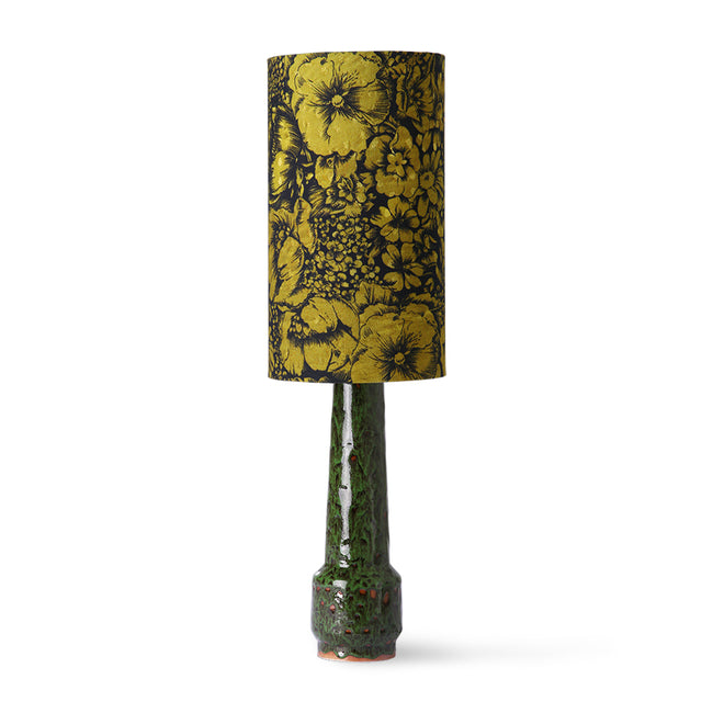 hkliving lamp shade with golden floral deign on a green with red hkliving lamp base