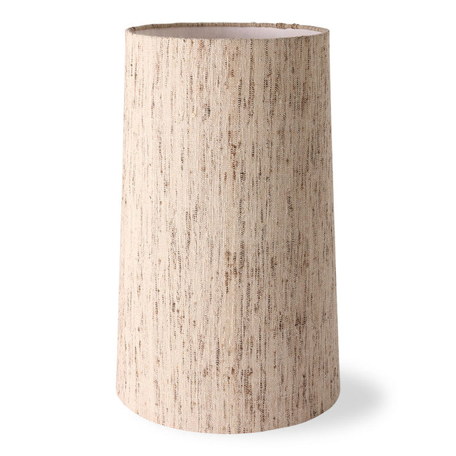 cylindrical lamp shade that narrows to its top in a natural rough silk with gorgeous textures and differing colours of beiges and browns from hkliving lamps